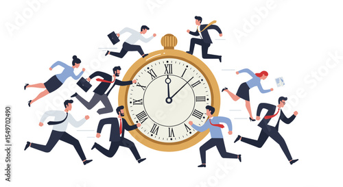 Business concept of time management with busy professionals and giant clock illustration vector illustration