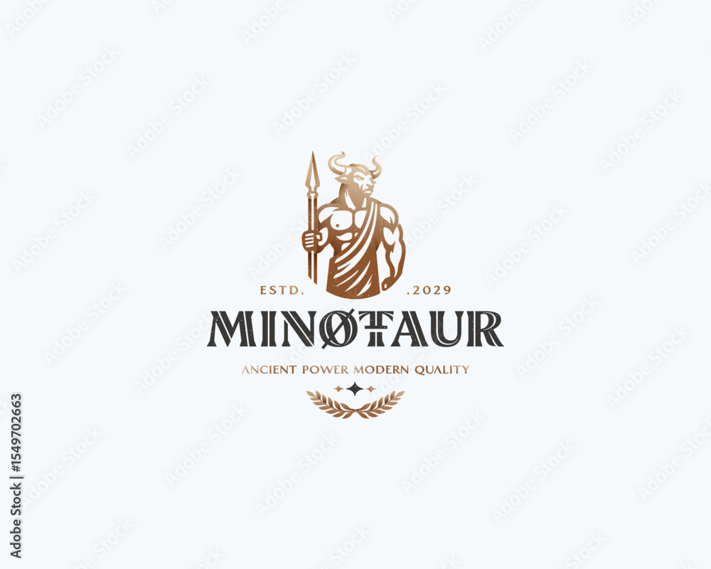 Fototapeta premium Minotaur, a mythical animal, holds an spear in his hand. for sport logo team