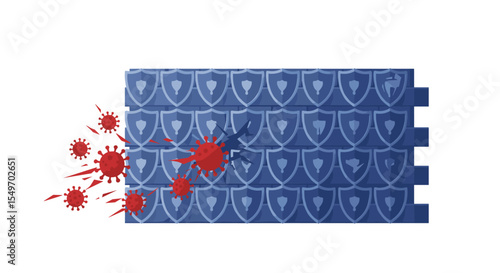 Virus attack on shielded wall illustration - concept of protection and security vector illustration