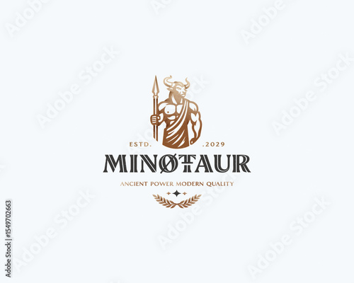 Minotaur, a mythical animal, holds an spear in his hand. for sport logo team