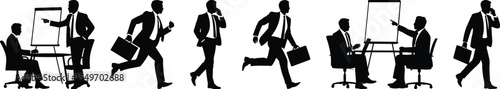 Silhouette vector illustration of businessmen in various office actions including walking, running, calling, and presenting


