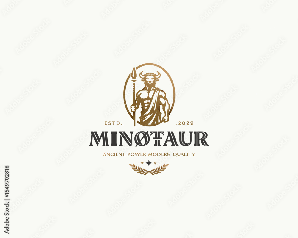 Fototapeta premium Minotaur, a mythical animal, holds an spear in his hand. for sport logo team