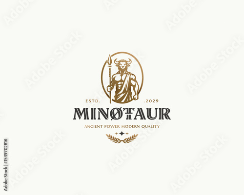 Minotaur, a mythical animal, holds an spear in his hand. for sport logo team