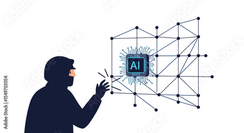 Cybersecurity threats and artificial intelligence in network security vector illustration