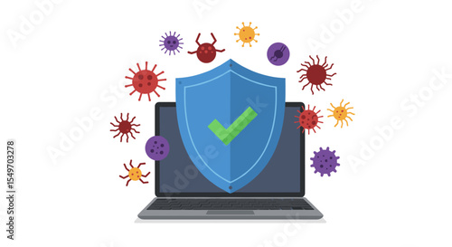 Cybersecurity protection concept with laptop and shield illustration for technology design vector illustration