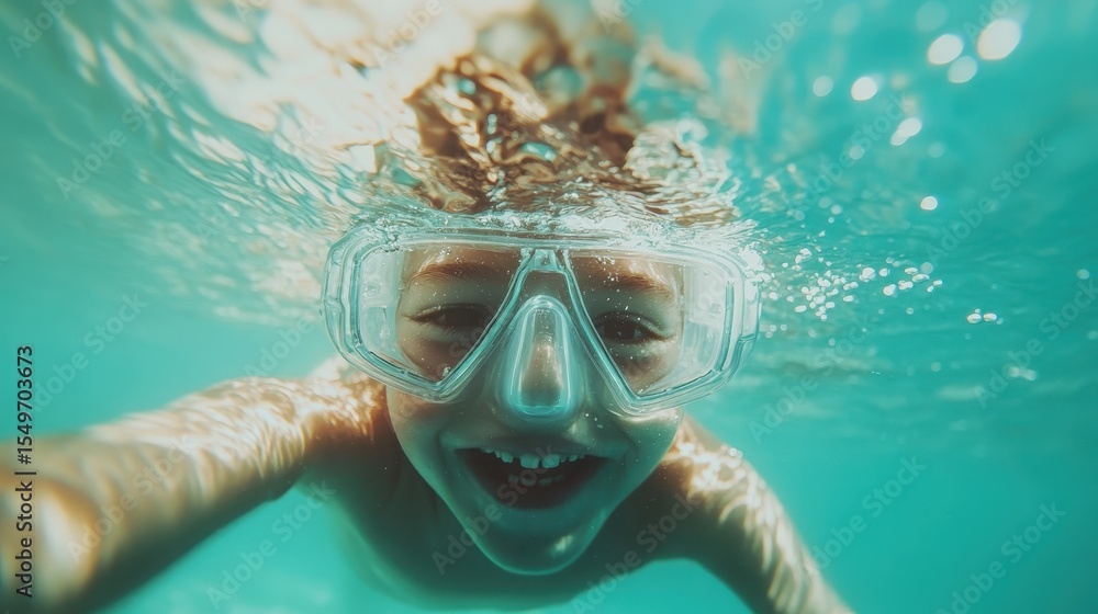 Naklejka premium A vibrant underwater image of a smiling child wearing swim goggles, capturing the pure joy and excitement of exploring the aquatic world with playful abandon and enthusiasm.
