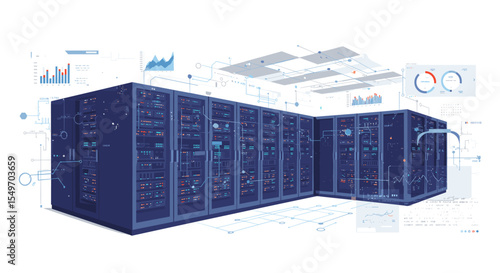 Data center technology concept with detailed server racks and digital interface elements for network design vector illustration