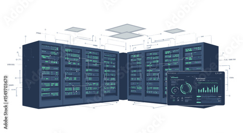 Data center illustration with network server system and analytics dashboard vector illustration