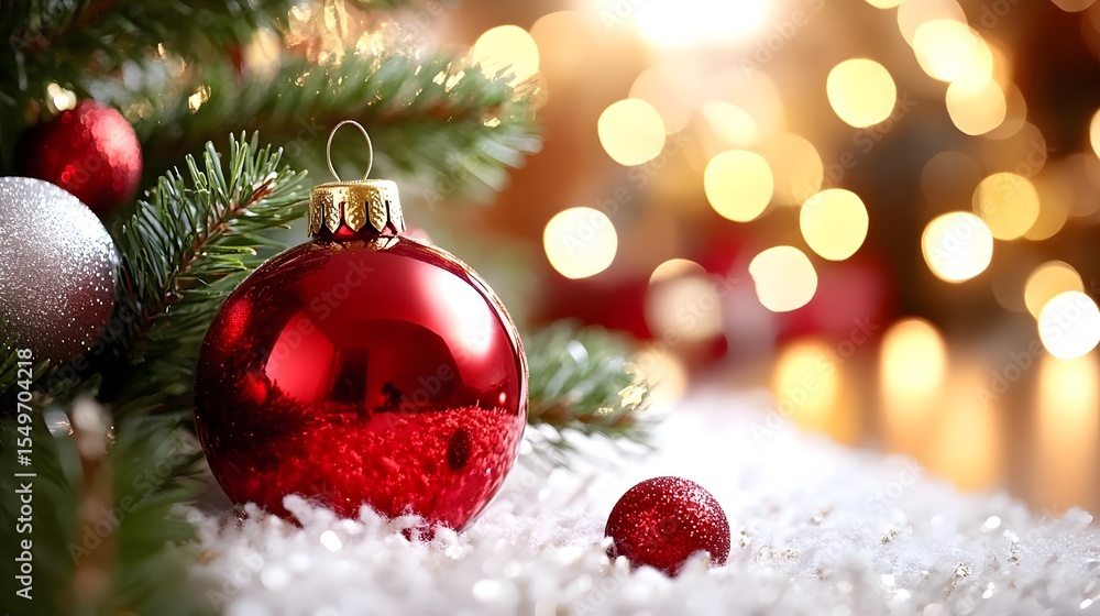Obraz premium Red and silver ornaments decorate a Christmas tree amidst a festive, cozy background with snow.