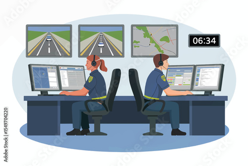 Two police officers working in a control room isolated on transparent background