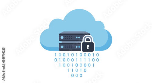 Cloud-based data security concept with servers and binary code for digital protection design vector illustration