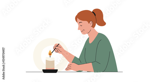 Woman lighting candle in calm ambiance illustration for relaxation and meditation design vector illustration