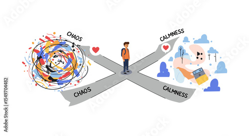 Choice between chaos and calmness - journey of decision and balance vector illustration