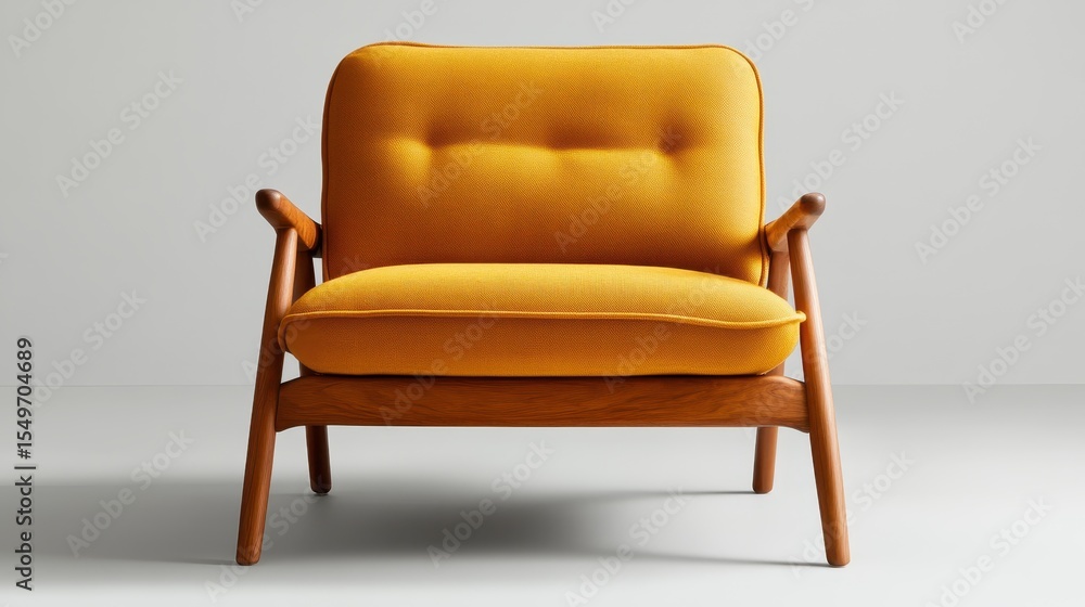 Fototapeta premium A contemporary yellow accent chair with wooden arms stands out in a minimalist setting, embodying modern design aesthetics that enhance stylish residential interiors.