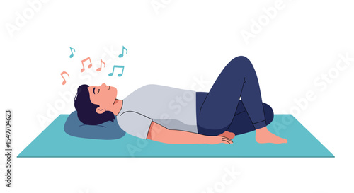 Relaxation and music meditation scene with a person lying on a mat listening to music vector illustration