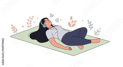 Relaxed woman listening to music on yoga mat with headphones - peaceful illustration for wellness design vector illustration