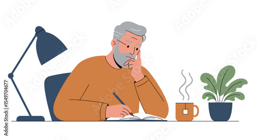 Thoughtful man writing at desk with tea and plant - ideal for office and study themes vector illustration