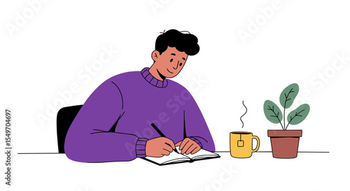 Man writing in journal with coffee and plant for relaxed creativity and mindfulness vector illustration