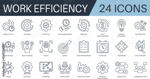 work efficiency icon set featuring productivity, planning, automation, teamwork, deadline, strategy, and multitasking. Ideal for business and workflow design.