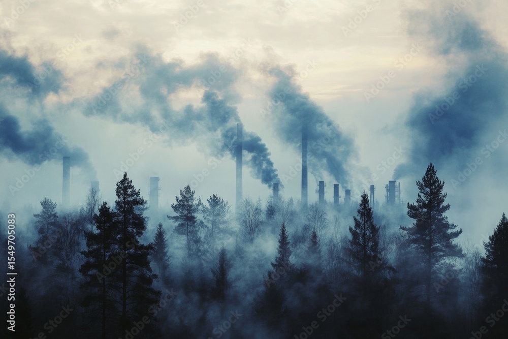 Fototapeta premium Environmental impact of factories on air quality in a forest landscape.