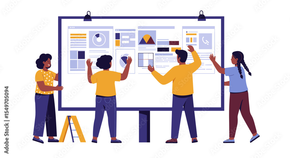 Team collaboration on data analysis and presentation design for project development vector illustration Team collaboration on data analysis and presentation design for project development vector illustration