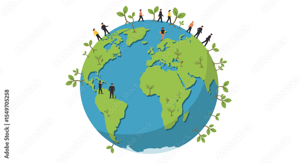 Fototapeta premium Global unity and environmental awareness: people and nature on earth vector illustration