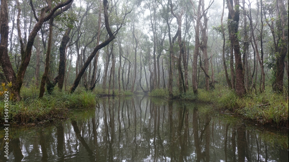 Foggy mangrove swamp reflected in still water Foggy mangrove swamp reflected in still water