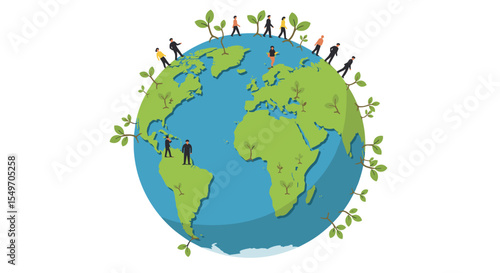 Global unity and environmental awareness: people and nature on earth vector illustration