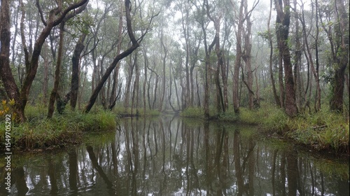 Foggy mangrove swamp reflected in still water