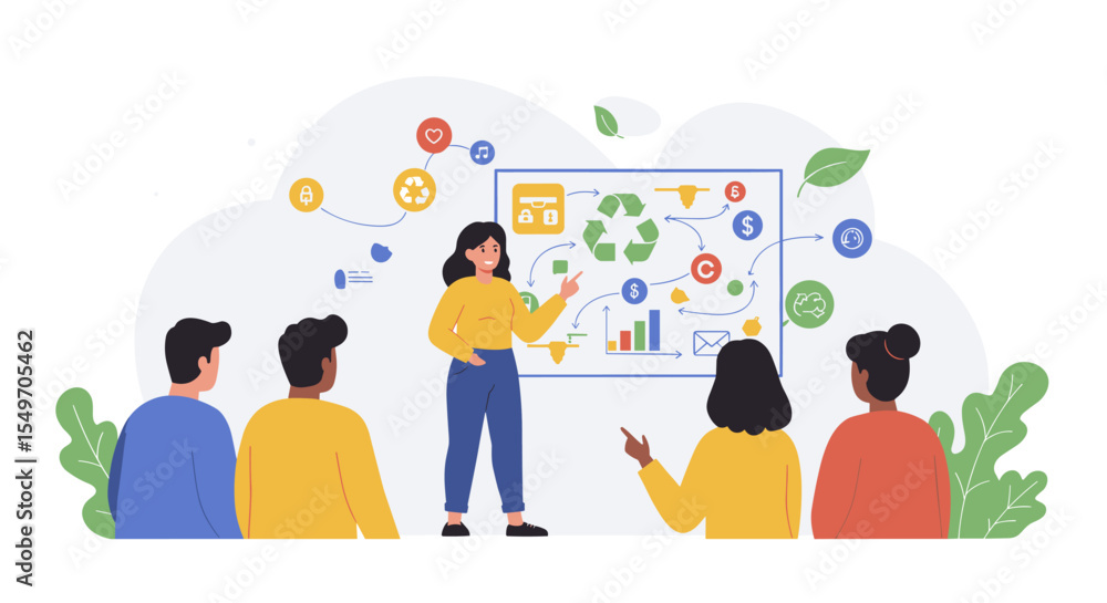 Fototapeta premium Sustainability workshop presentation on recycling and green practices vector illustration