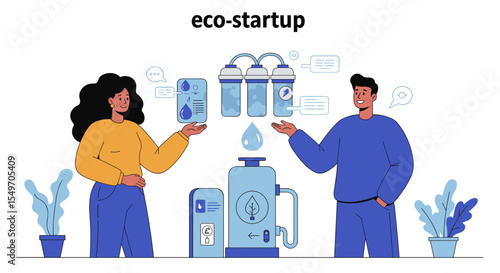 Eco startup concept with people discussing sustainable water purification and filtration design for print and poster vector illustration
