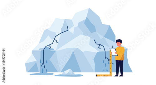 Climate change impact on melting icebergs with measuring scientist for educational design vector illustration