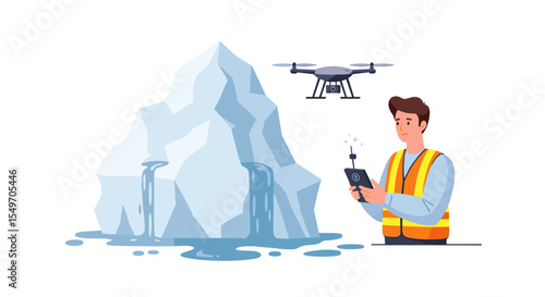 Drone monitoring of melting iceberg by engineer in safety vest for environmental observation and research vector illustration