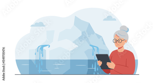 Concerned elderly woman analyzing melting iceberg with tablet in climate change illustration vector illustration