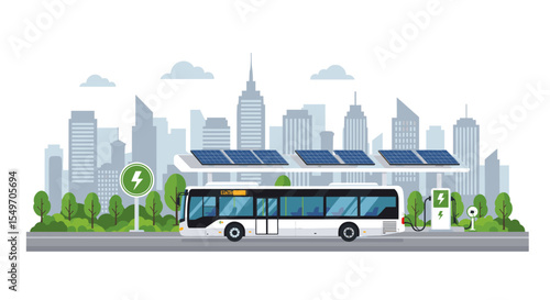 Electric bus charging at eco-friendly solar station in urban setting - ideal for future transportation design vector illustration