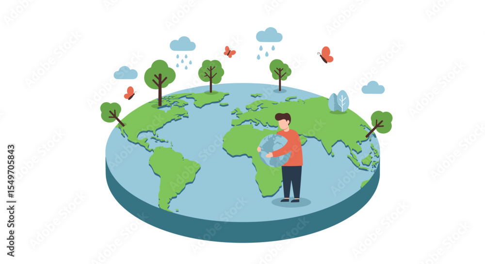 Earth day illustration with person hugging globe and green trees for environmental awareness vector illustration Earth day illustration with person hugging globe and green trees for environmental awareness vector illustration