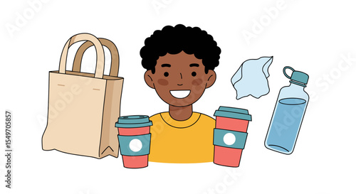 Eco-friendly lifestyle illustration featuring reusable bag, coffee cups, and water bottle for sustainable living design vector illustration