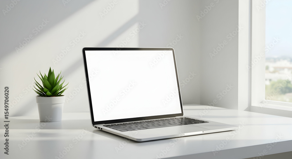 Fototapeta premium Modern Laptop Mockup White Desk Minimalist Workspace Home Office Blank Screen Technology Device
