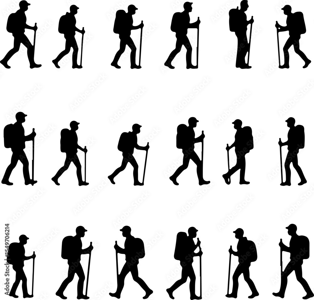 Fototapeta premium Hikers Silhouette Standing on Mountain Peak vector