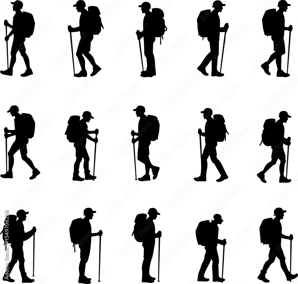 Obraz premium Hikers Silhouette Standing on Mountain Peak vector