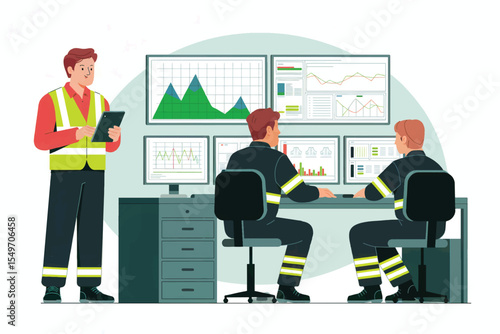 Firefighters monitoring data on screens isolated on transparent background