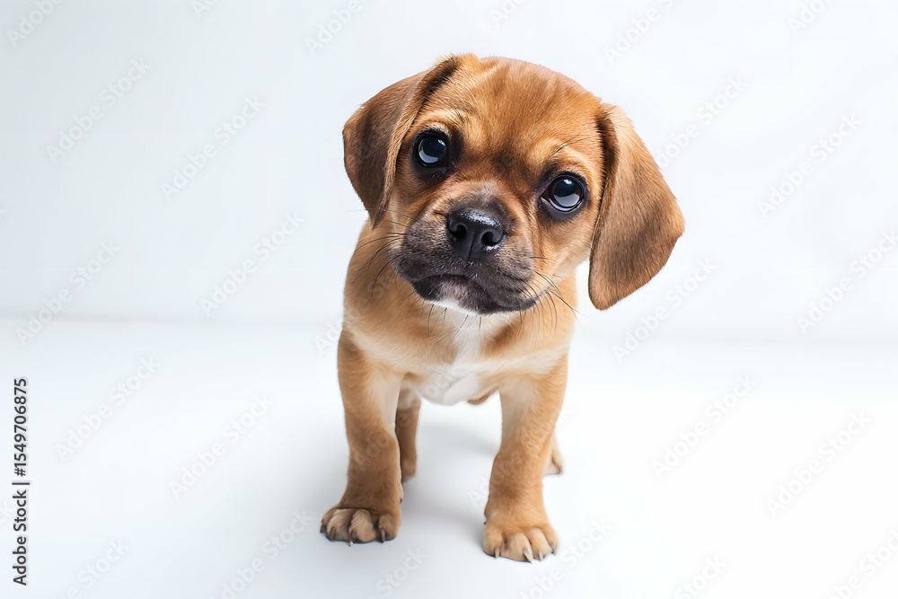 Obraz premium Playful, curious puggle puppy in a bright, minimalist studio with soft shadows.
