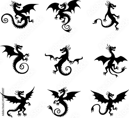 Fantasy Dragon Tribal Tattoos  Silhouettes  Vectoe Collection bundle