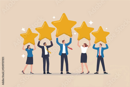 Five people holding up five golden stars isolated on transparent background
