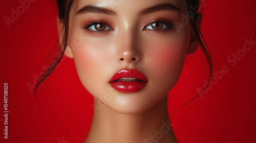 Wallpaper Mural Beautiful young woman with red lipstick posing on red background Torontodigital.ca