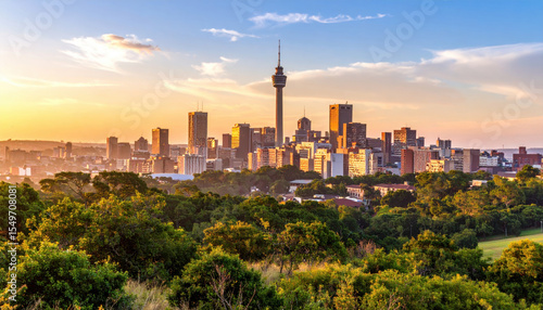 Dramatic skyline of Johannesburg at dawn with vibrant colors and greenery