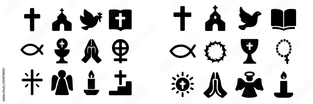 Obraz premium Religious symbols collection featuring crosses, doves, and other spiritual icons in a simple black and white design
