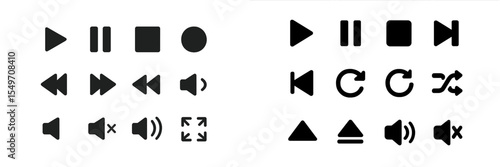 Various media control icons showcasing play, pause, stop, volume, and track navigation in a simple black and white design for user interfaces