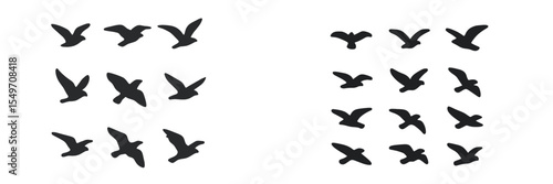 Black silhouettes of birds flying in organized patterns against a light background, showcasing motion and unity