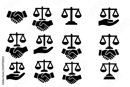 Design featuring scales of justice and handshake icons representing law and partnership concepts